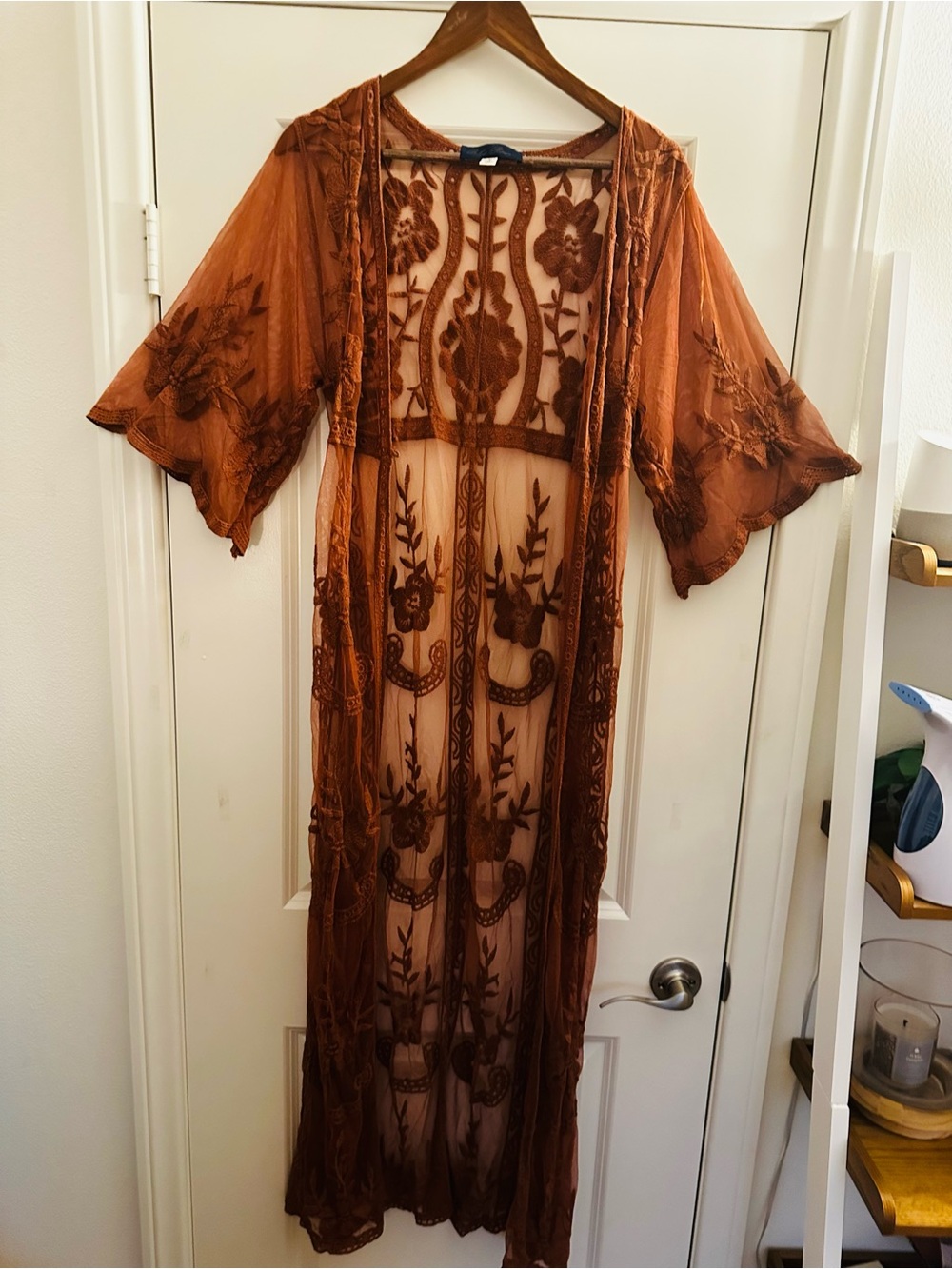 Blue Rain Rust Orange Sheer Embroidered Kimono Boho Fall Small